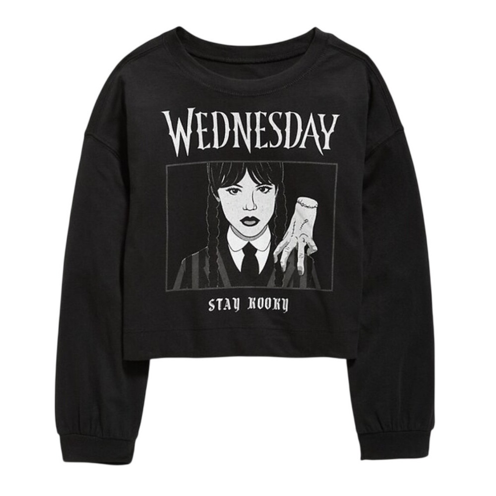 Old Navy Wednesday Addams Shirt Kids XL Black Stay Kooky Cropped Long Sleeve